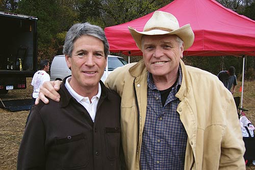 Cleve Landsberg on a film set with actor Brian Dennehy.